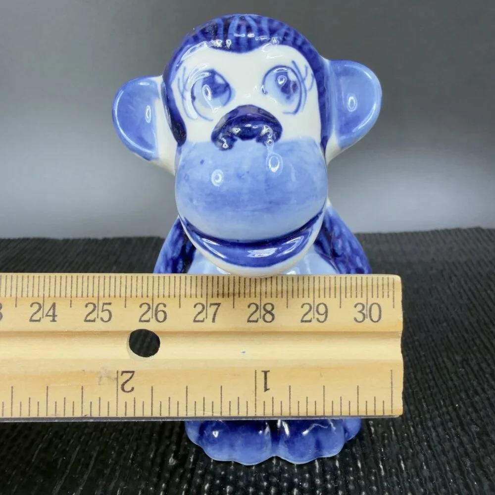 Handmade Gzhel Russian‎ Porcelain Small Monkey Figurine Had Painted Cobalt Blue